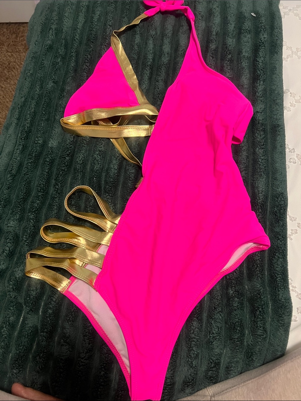 Neon Pink One-Piece Swimsuit with Gold Straps